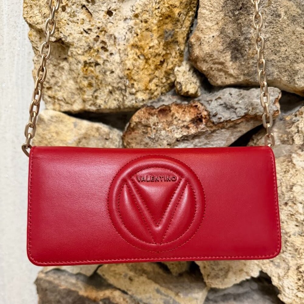 MARIO VALENTINO SPA Red Leather Chain Wallet Clutch V Logo - Picture 4 of 9